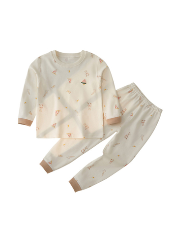 Vaikų apatinių komplektas iš 100% medvilnės, naujagimiams 0–12 mėn, apvalus kaklo iškirptė, neutrali lytis, gyvūnų/karikatūrų raštas, išlaiko šilumą, pavasariui ir rudeniui