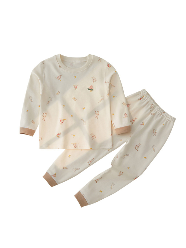 Vaikų apatinių komplektas iš 100% medvilnės, naujagimiams 0–12 mėn, apvalus kaklo iškirptė, neutrali lytis, gyvūnų/karikatūrų raštas, išlaiko šilumą, pavasariui ir rudeniui
