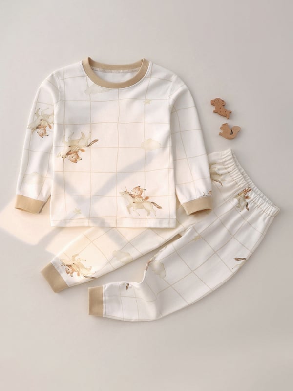 Vaikų žiemos pižamų komplektas iš 100% medvilnės, ilgomis rankovėmis viršus ir ilgomis kelnėmis, 0–12 mėn naujagimiams, apvali kaklo linija, švelnus paviršius, gyvūnų/animacijos spaudinimas, šiltas ir drėgmę atstumiantis