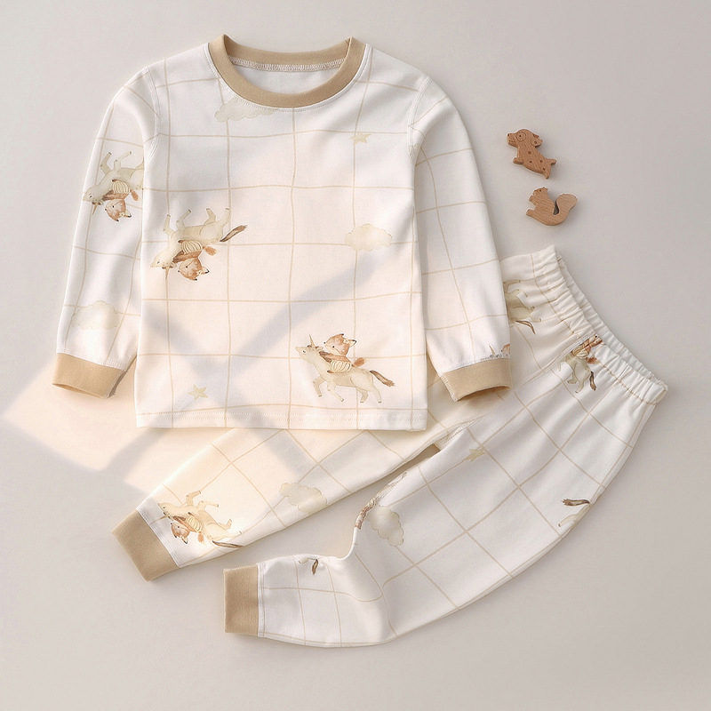 Vaikų žiemos pižamų komplektas iš 100% medvilnės, ilgomis rankovėmis viršus ir ilgomis kelnėmis, 0–12 mėn naujagimiams, apvali kaklo linija, švelnus paviršius, gyvūnų/animacijos spaudinimas, šiltas ir drėgmę atstumiantis