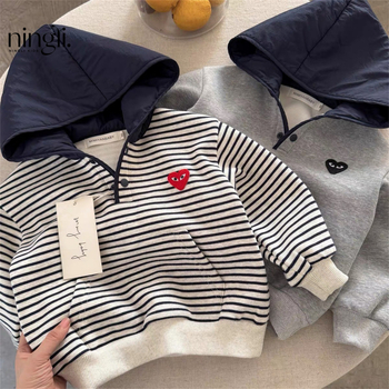 Dječji debeli fleece hoodie s kapuljom, prugasti pamuk s vunenom podstavom, zimski komad