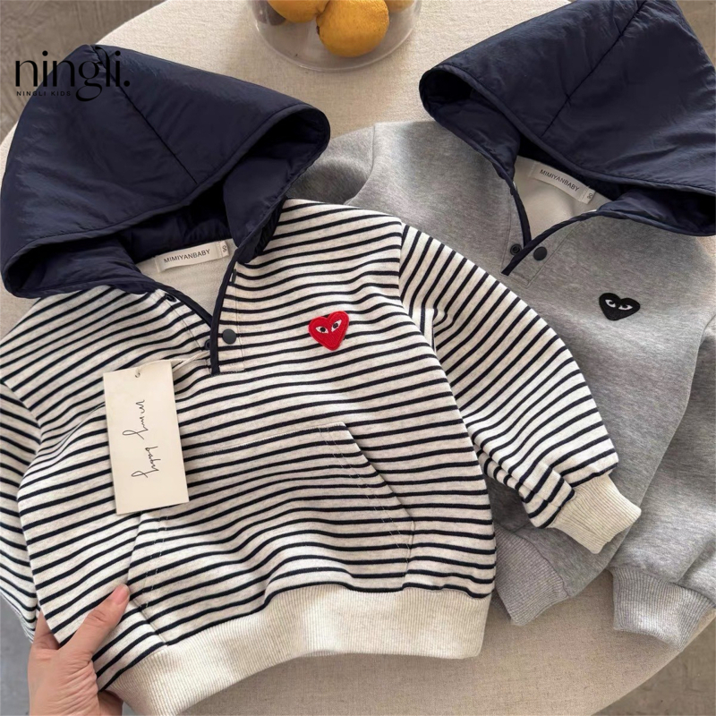 Dječji debeli fleece hoodie s kapuljom, prugasti pamuk s vunenom podstavom, zimski komad