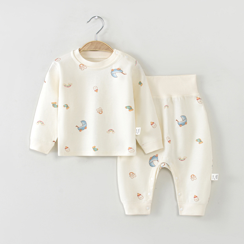 Bērnu pidžamu komplekts, 100% kokvilna, unisex, zīdaiņi (0–80 cm), pavasaris un rudens, apaļa kakla izgriezums, raksti: vienkrāsains vai karikatūras.