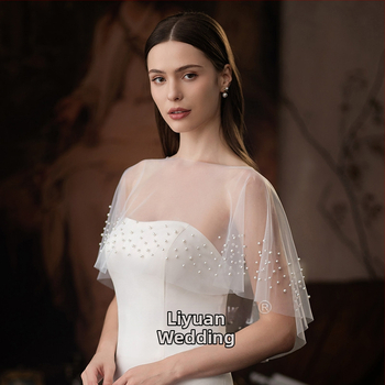 Svadobný šál s perličkami, sieťový materiál, jednofarebný vzor, ploché tkanie, pulóverový plášť