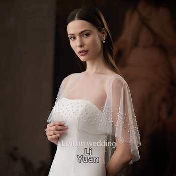 Svadobný šál s perličkami, sieťový materiál, jednofarebný vzor, ploché tkanie, pulóverový plášť