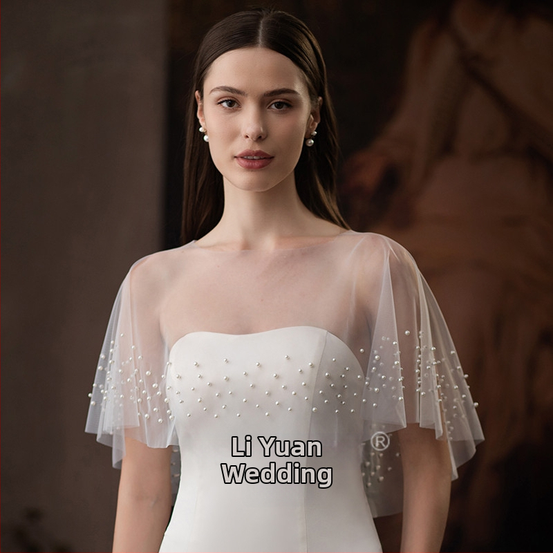 Svadobný šál s perličkami, sieťový materiál, jednofarebný vzor, ploché tkanie, pulóverový plášť