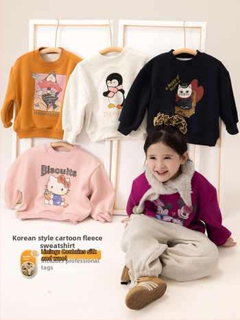 Laste cartoon-trükiga fleece pullover - Korea stiilis, 60% puuvill