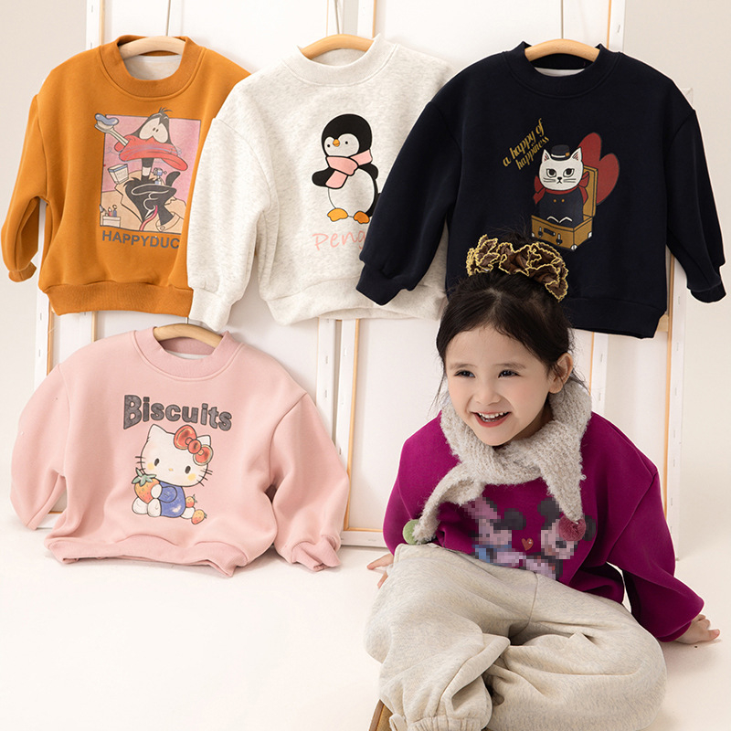 Laste cartoon-trükiga fleece pullover - Korea stiilis, 60% puuvill