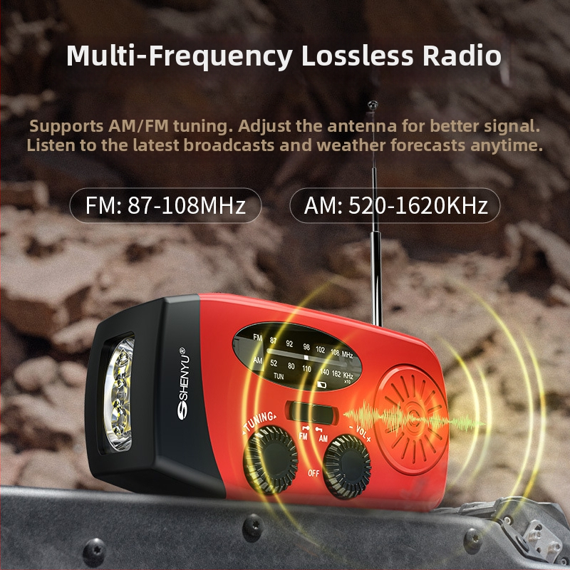 Núdzové solárne rádio s ručným dynamom a LED camping svetlom — solárne nabíjanie + ručné generovanie, Model V211