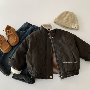 Детско дебело подплатено кожено яке в корейски стил, цип за закопчаване, обръщаща яка, средно дълго