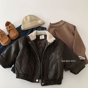 Детско дебело подплатено кожено яке в корейски стил, цип за закопчаване, обръщаща яка, средно дълго