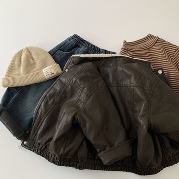 Детско дебело подплатено кожено яке в корейски стил, цип за закопчаване, обръщаща яка, средно дълго
