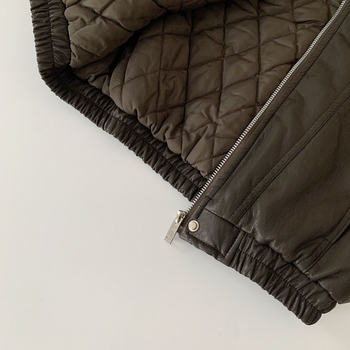 Детско дебело подплатено кожено яке в корейски стил, цип за закопчаване, обръщаща яка, средно дълго