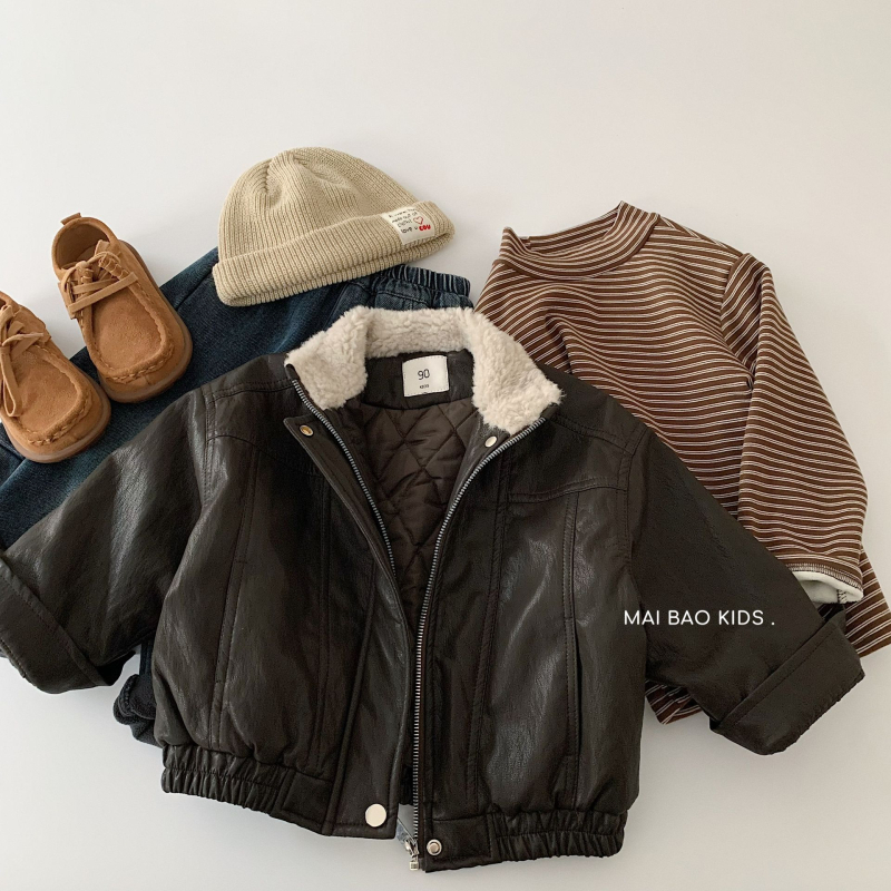 Детско дебело подплатено кожено яке в корейски стил, цип за закопчаване, обръщаща яка, средно дълго