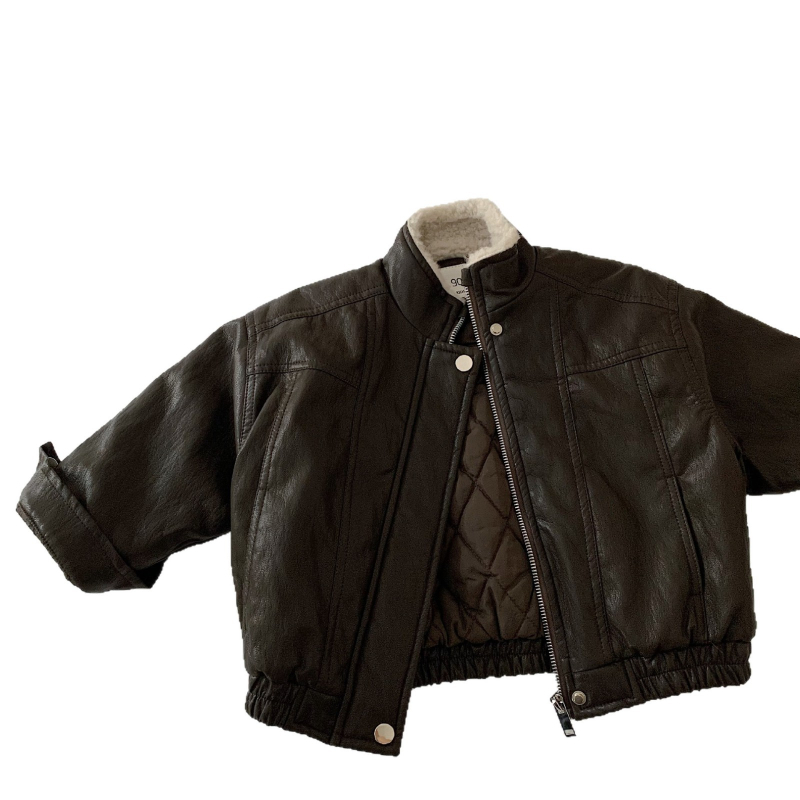 Детско дебело подплатено кожено яке в корейски стил, цип за закопчаване, обръщаща яка, средно дълго