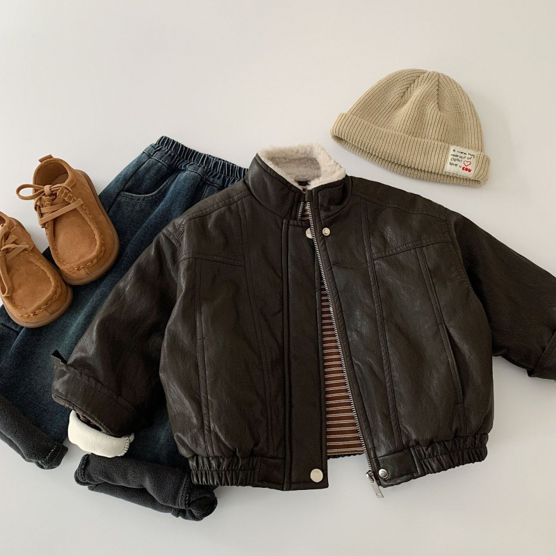 Детско дебело подплатено кожено яке в корейски стил, цип за закопчаване, обръщаща яка, средно дълго