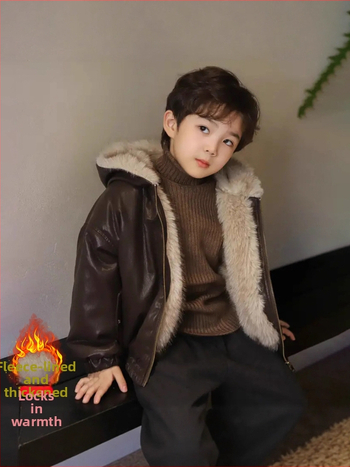 Vaikiška dvipusė PU odinė striukė su gobtuvu, fliso pamušalu ir užtrauktuku