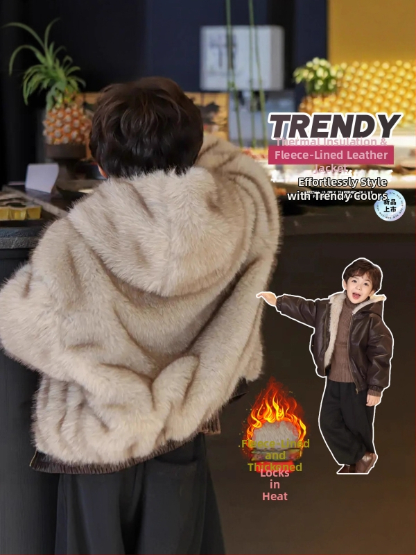 Bērnu dvīskapucē PU ādas jaka ar flīša iekšpusi un rāvējslēdzēju