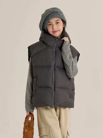 Lányoknak kapucnis pehely mellény, koreai stílus, téli 2025, 86–90% fehér kacsa pehely, rövid fazon, laza szabás, cipzáros zárás