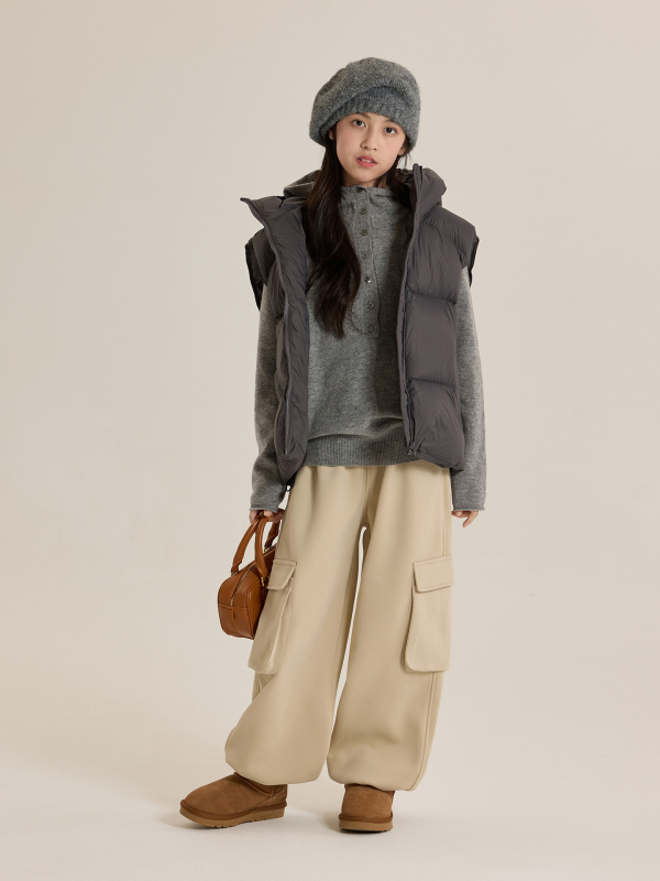 Lányoknak kapucnis pehely mellény, koreai stílus, téli 2025, 86–90% fehér kacsa pehely, rövid fazon, laza szabás, cipzáros zárás