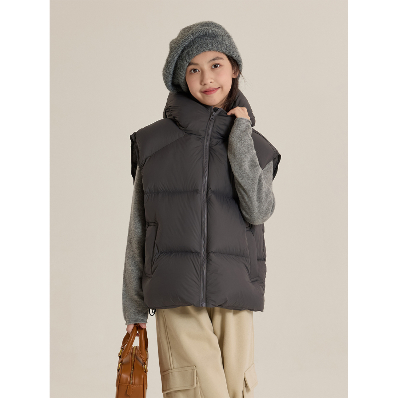 Lányoknak kapucnis pehely mellény, koreai stílus, téli 2025, 86–90% fehér kacsa pehely, rövid fazon, laza szabás, cipzáros zárás