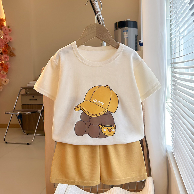 Dječji ljetni dvodijelni set s kratkim rukavima, korejskog stila, prozračni waffle materijal, unisex