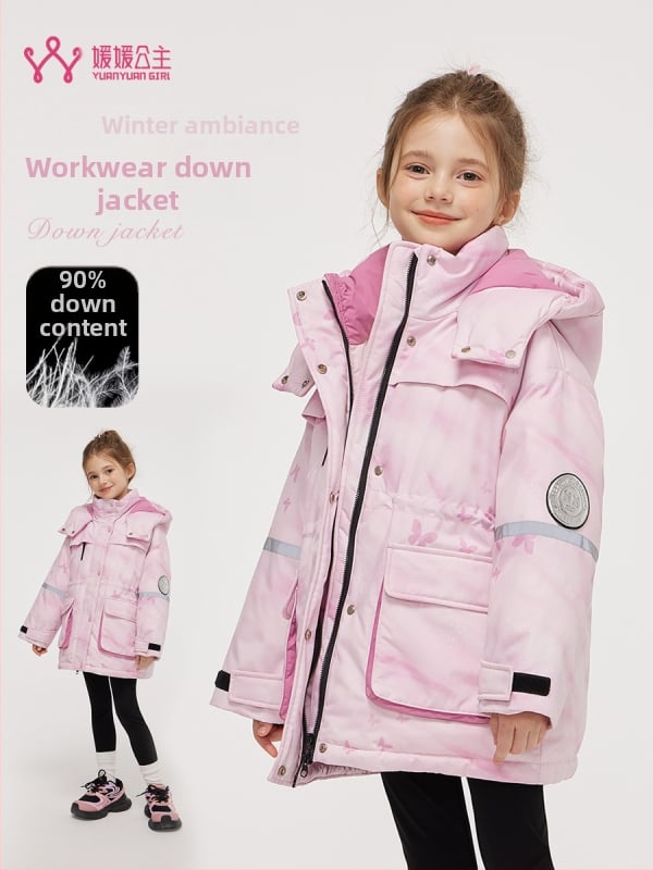 Lányoknak szánt koreai stílusú kapucnis pehelydzseki, fehér kacsa tollal töltve, téli, középhosszú, bő szabású