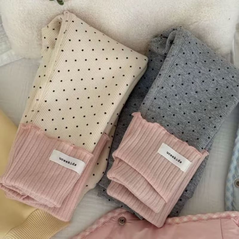 Meitenēm ziemas legingi ar elastīgu jostu, 90% poliesteris, punktēts raksts, vecums 3–8 gadi, Korejas stils