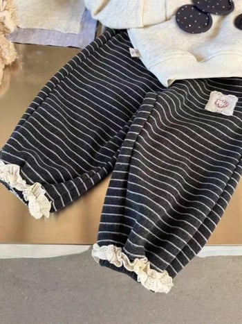 Pantaloni lungi cu dungi pentru fete, talie elastică, casual toamnă/iarnă, țesătură poliester 60% din amestec