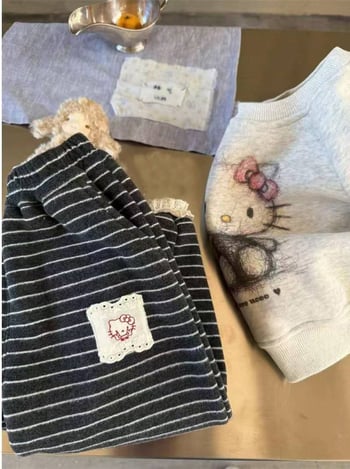 Pantaloni lungi cu dungi pentru fete, talie elastică, casual toamnă/iarnă, țesătură poliester 60% din amestec