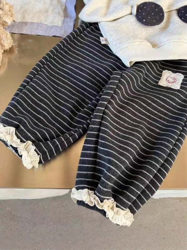 Pantaloni lungi cu dungi pentru fete, talie elastică, casual toamnă/iarnă, țesătură poliester 60% din amestec