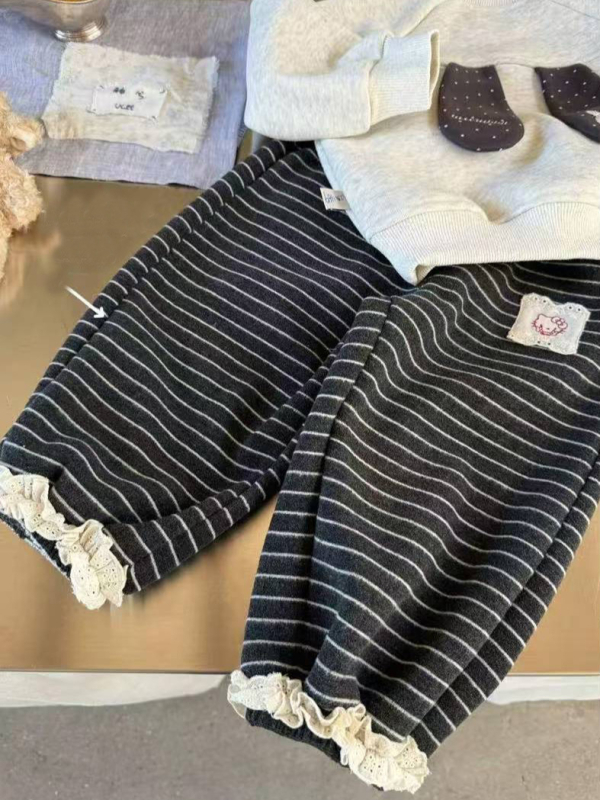 Pantaloni lungi cu dungi pentru fete, talie elastică, casual toamnă/iarnă, țesătură poliester 60% din amestec
