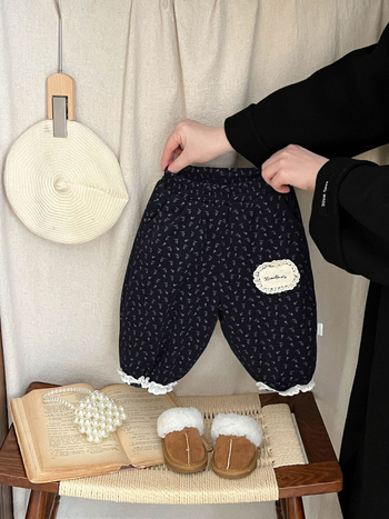 Pantaloni pentru fetițe în stil coreean, imprimeu floral, din bumbac, talie elastică, lungime până la gleznă