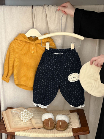 Pantaloni pentru fetițe în stil coreean, imprimeu floral, din bumbac, talie elastică, lungime până la gleznă