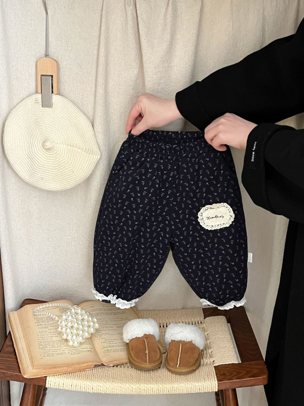 Pantaloni pentru fetițe în stil coreean, imprimeu floral, din bumbac, talie elastică, lungime până la gleznă