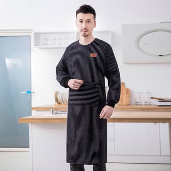 Unisex zástira s dugim rukavima za kućnu kuhinju, otporna na mrlje, smjesa poliestera i pamuka, reverzibilni dizajn, jedna veličina, prugasti uzorak