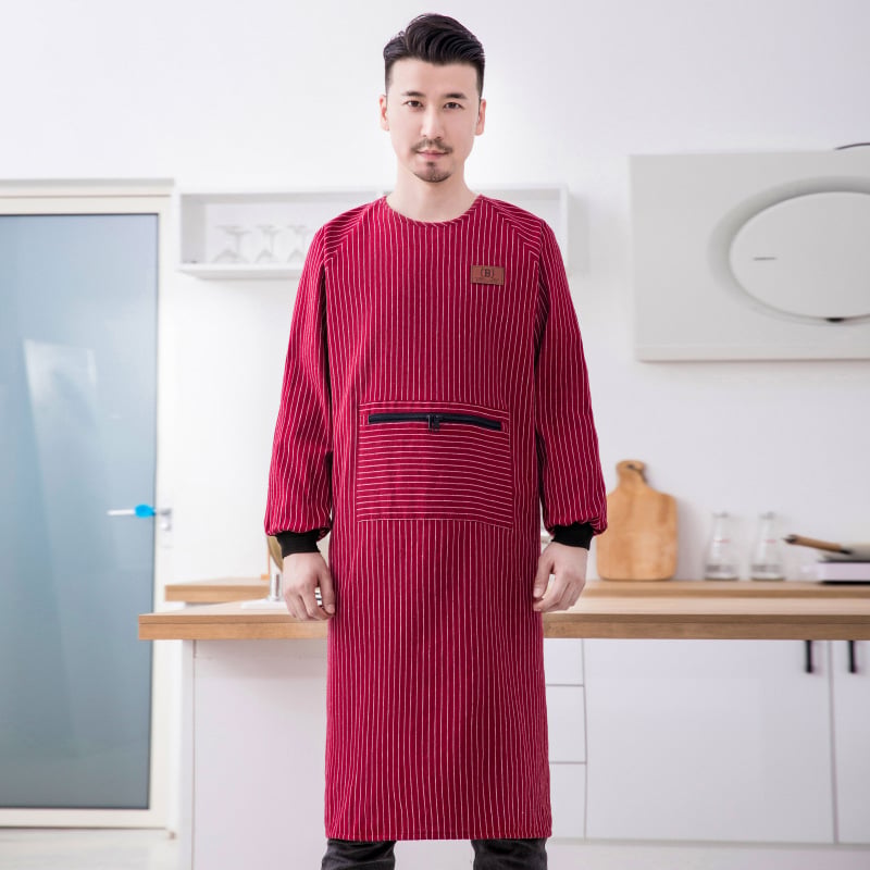 Unisex zástira s dugim rukavima za kućnu kuhinju, otporna na mrlje, smjesa poliestera i pamuka, reverzibilni dizajn, jedna veličina, prugasti uzorak