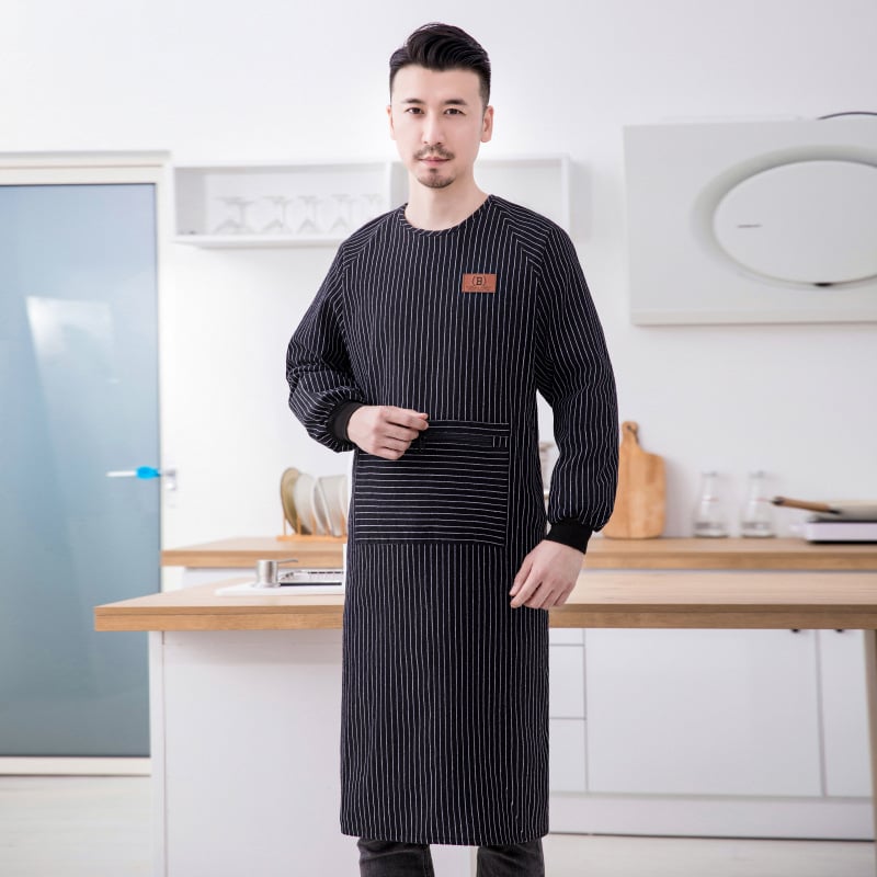 Unisex zástira s dugim rukavima za kućnu kuhinju, otporna na mrlje, smjesa poliestera i pamuka, reverzibilni dizajn, jedna veličina, prugasti uzorak