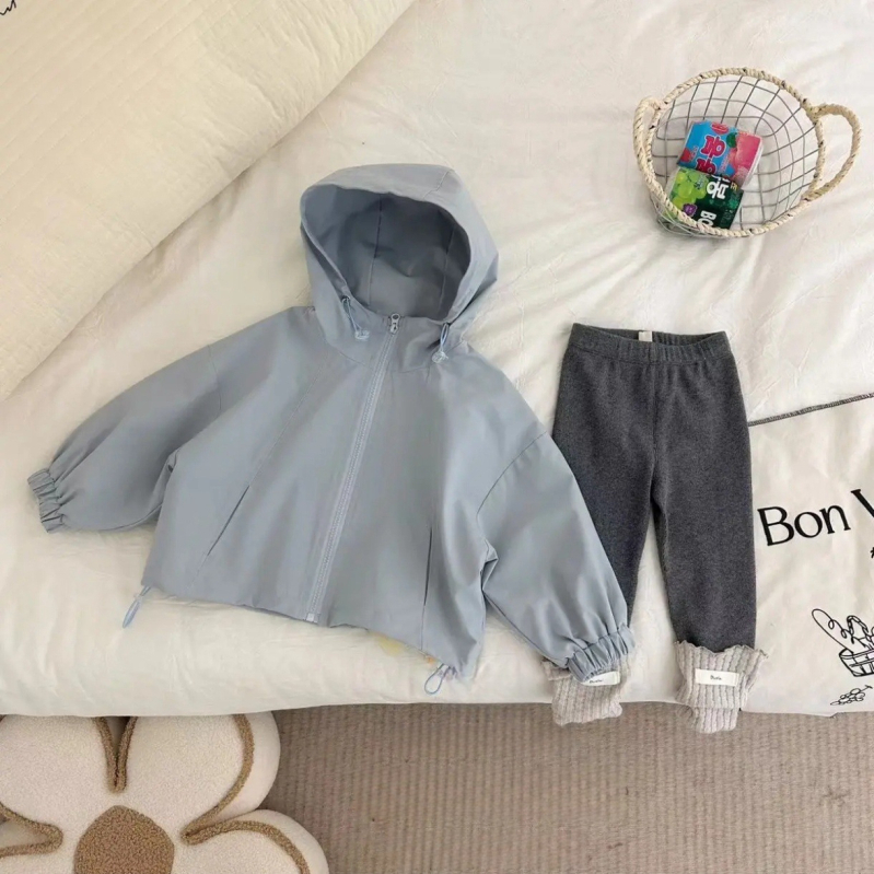 Két darabos gyerek szett: koreai stílusú pamut kapucnis kabát és nadrág, tavasz–ősz, 3–8 éveseknek