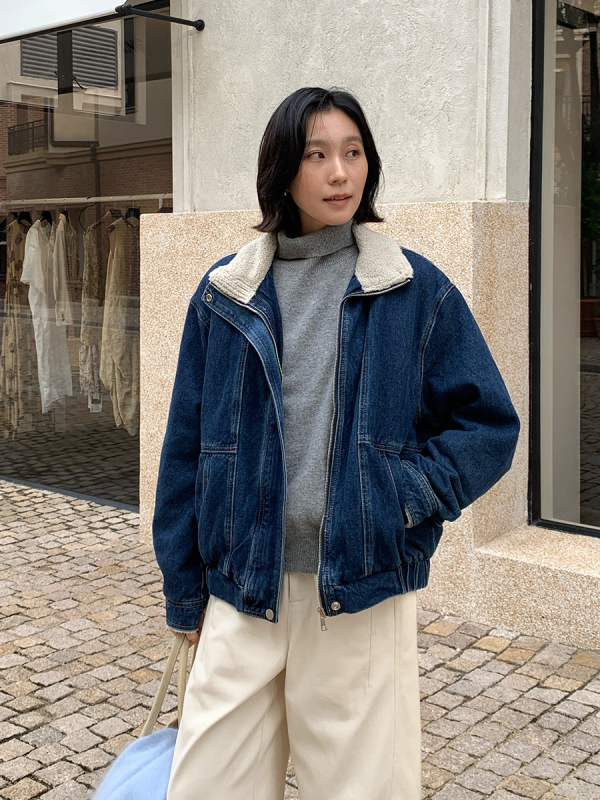 Дънково яке с яка от смесена вълна, памук-полиестер плат, 2025 зима, корейска версия, стандартна дължина