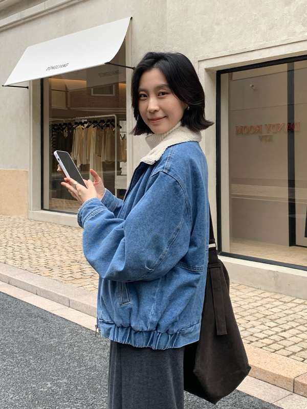 Дънково яке с яка от смесена вълна, памук-полиестер плат, 2025 зима, корейска версия, стандартна дължина