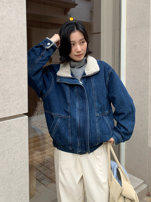 Дънково яке с яка от смесена вълна, памук-полиестер плат, 2025 зима, корейска версия, стандартна дължина