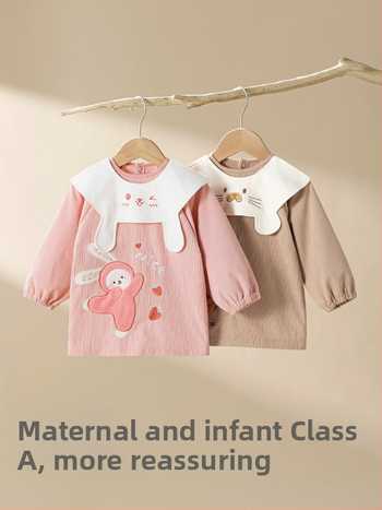 Vaikų vandeniui atsparus corduroy smock su bib, animacinis raštas, 100% poliesteris, amžius 0–1 metų, ruduo 2025