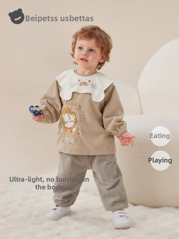 Gyerekeknek vízálló corduroy smock kötény, Cartoon minta, 100% poliészter, 0–1 évesek, 2025 ősz