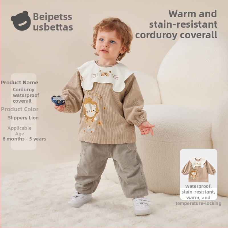 Vaikų vandeniui atsparus corduroy smock su bib, animacinis raštas, 100% poliesteris, amžius 0–1 metų, ruduo 2025