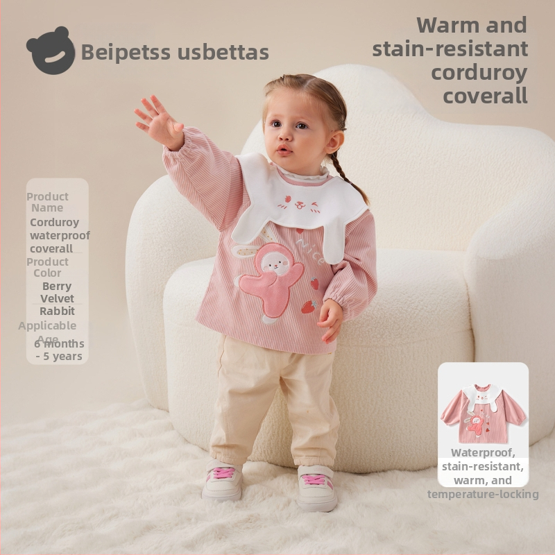 Vaikų vandeniui atsparus corduroy smock su bib, animacinis raštas, 100% poliesteris, amžius 0–1 metų, ruduo 2025