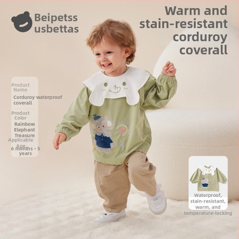 Vaikų vandeniui atsparus corduroy smock su bib, animacinis raštas, 100% poliesteris, amžius 0–1 metų, ruduo 2025