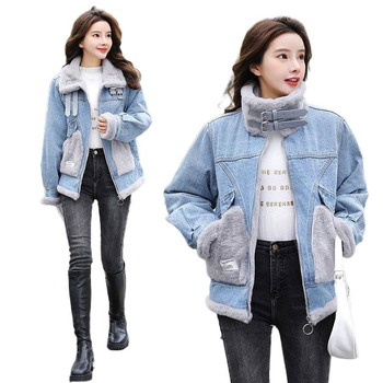 Дънково дамско яке с подплата от флис, дебело, 50–70% спандекс, яка с полуотворен дизайн, ръкави с редовен тип