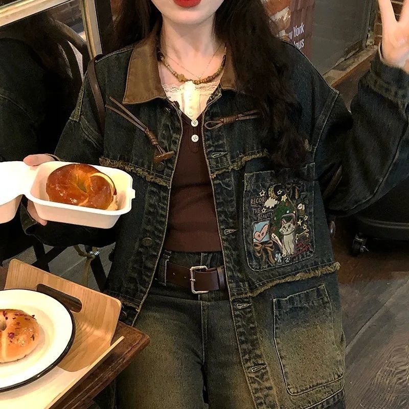 Деним яке с поло яка, дълги ръкави, свобдна кройка, редовна дължина, есен 2025