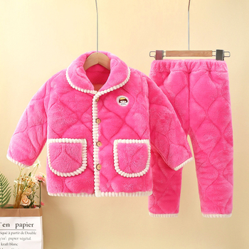 Детски пижамен комплект от дебел фланел за зима, две части, дълъг ръкав, за деца на възраст 3–8 години